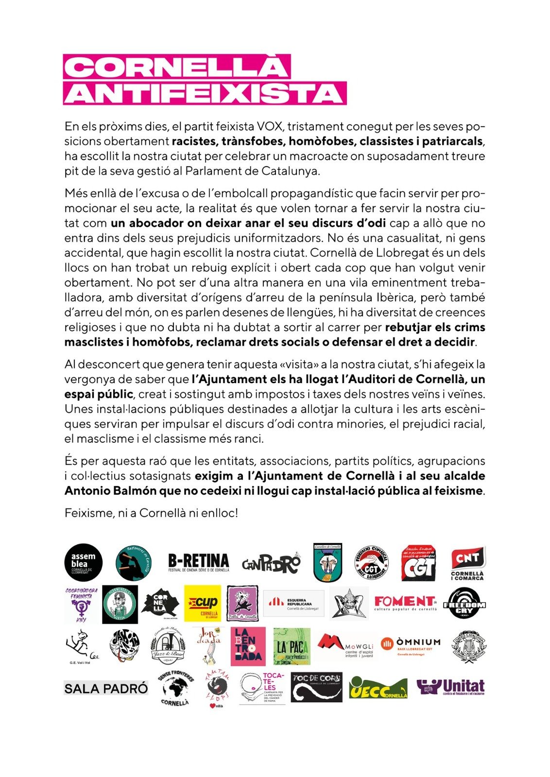 Manifiesto de treinta entidades contra el acto de Vox en Cornellà Manifiesto de treinta entidades contra el acto de Vox en Cornellà
