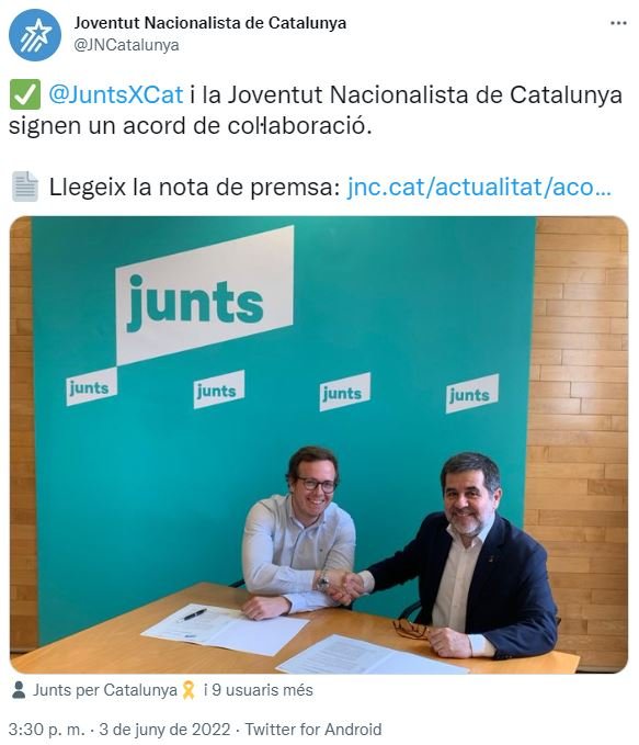TUIT JNC sobre el acuerdo con Junts per Catalunya