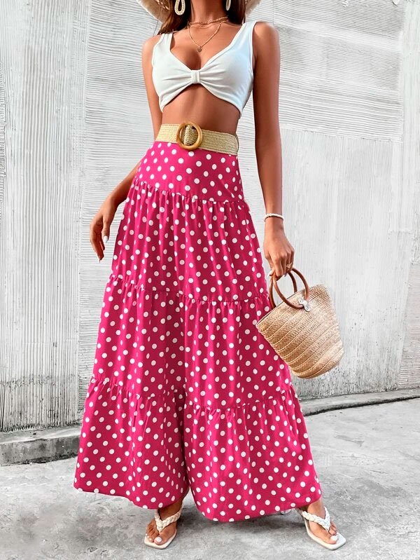 Falda con estampado de lunares bajo con fruncido sin cinturón1 Falda con estampado de lunares bajo con fruncido sin cinturón1