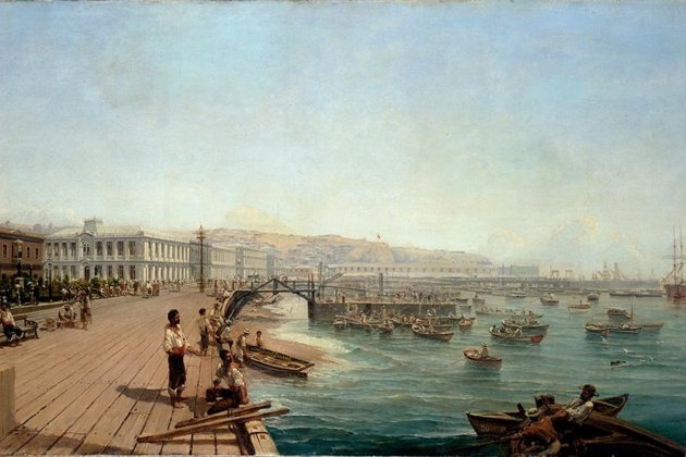 Josep Cerveró Moxó. Port vell de Valparaiso després de l'incendi. Thomas Somerscale (1865). Font Museo de Bellas Artes de Valparaiso