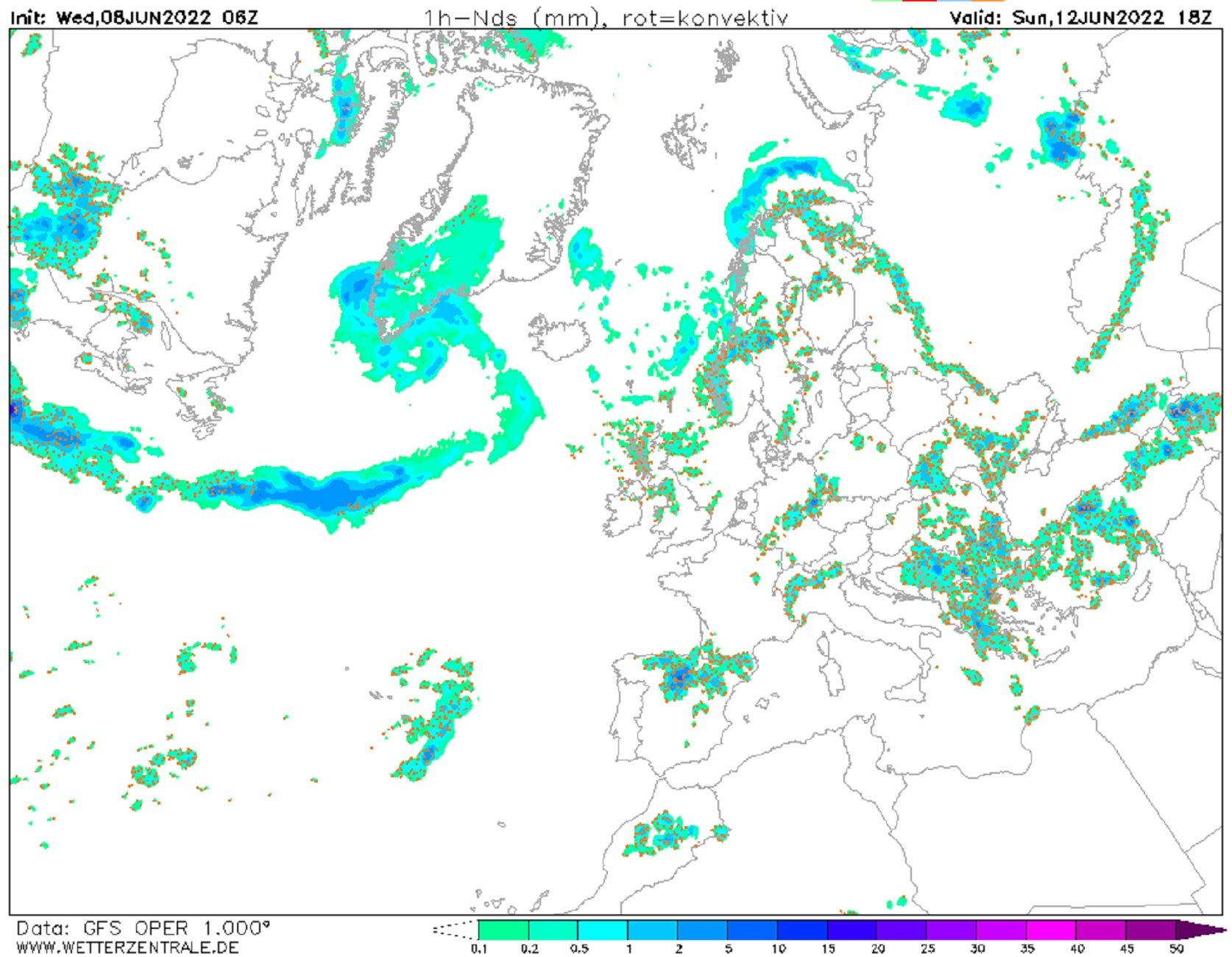 Mapa precipitació diumenge, 12 de juny Catalunya / Mapa: GFS Wetterzentrale