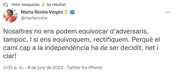 Retuit de Oriol Junqueras a Marta Rovira sobre las declaraciones de Gabriel Rufián Retuit de Oriol Junqueras a Marta Rovira sobre las declaraciones de Gabriel Rufián