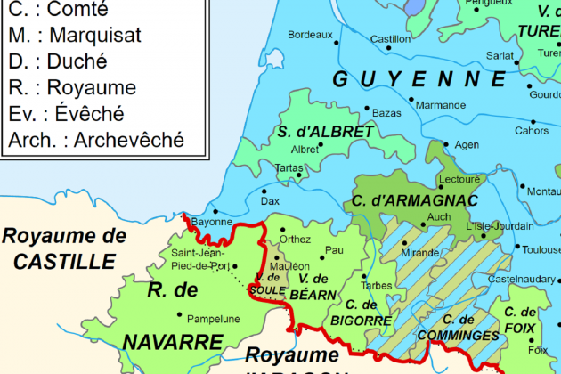 Mapa de las posesiones de la Corona de Navarra a caballo entre los siglos XV y XVI. Fuente Atlas Històrique de France