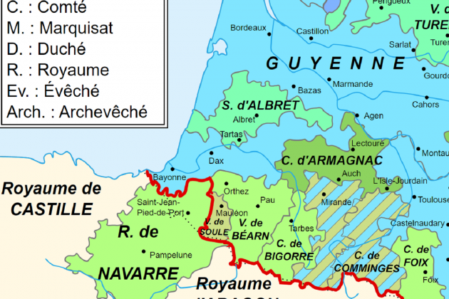 Mapa de las posesiones de la Corona de Navarra a caballo entre los siglos XV y XVI. Fuente Atlas Històrique de France Mapa de las posesiones de la Corona de Navarra a caballo entre los siglos XV y XVI. Fuente Atlas Històrique de France