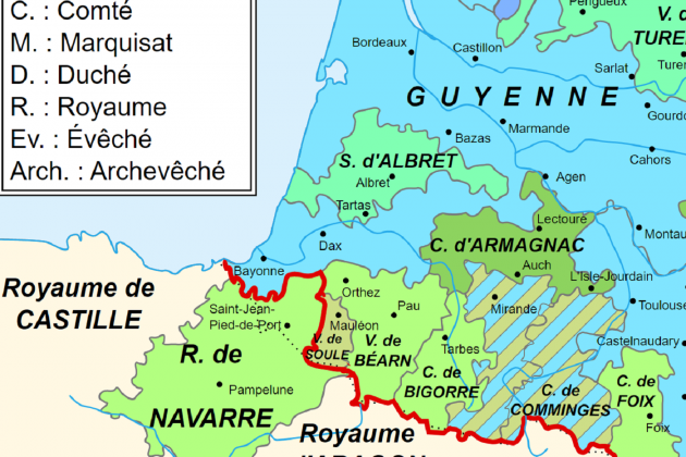 Mapa de les possessions de la Corona de Navarra a cavall dels segles XV i XVI. Font Atles Històrique de France