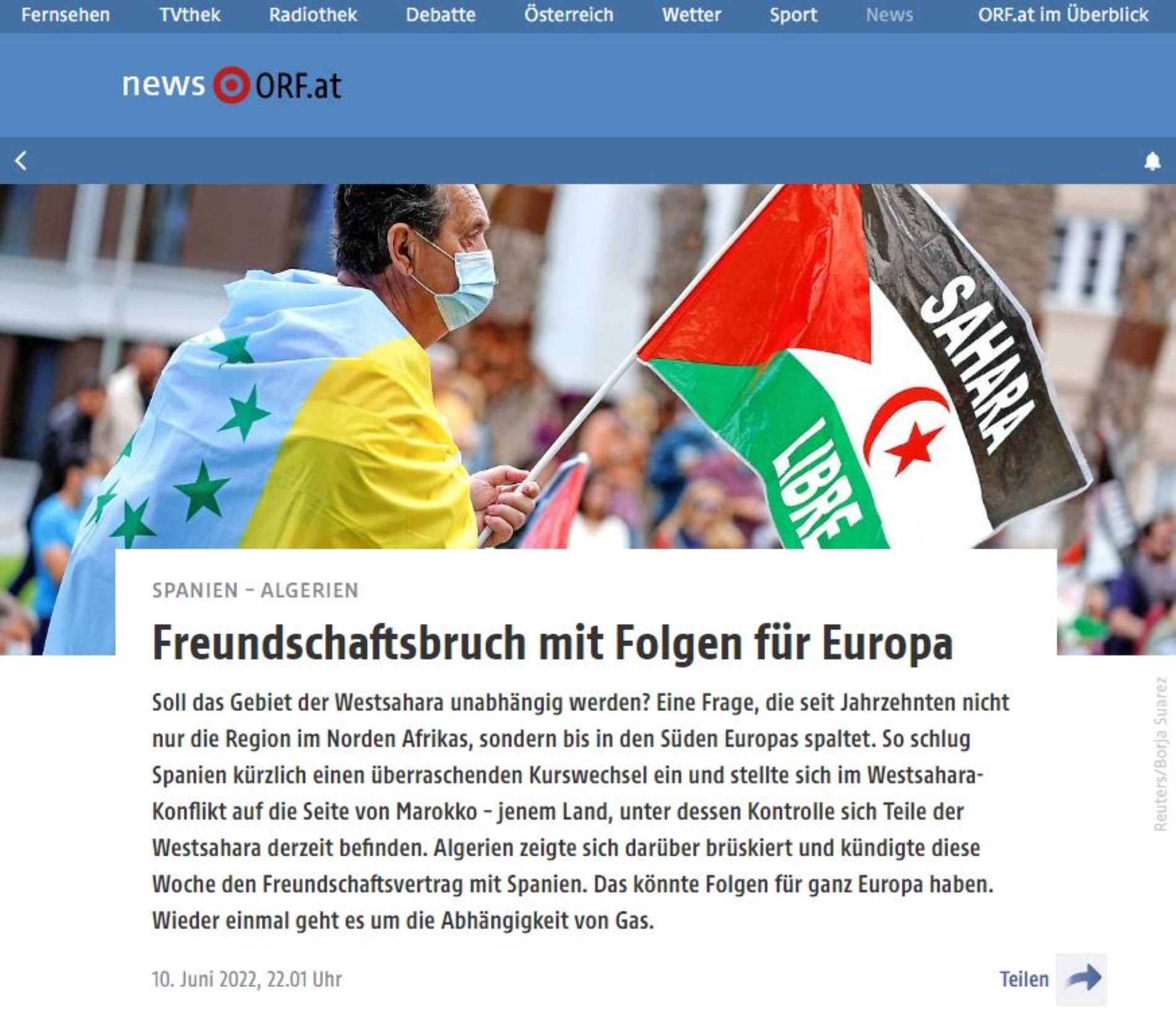 Radiotelevisión de Austria, orf.at, sobre Pedro Sánchez y el gas de Argelia Captura de pantalla