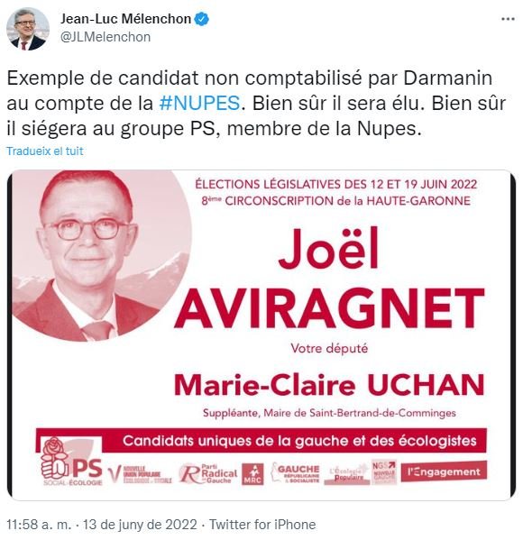 TUIT Jean Luc Mélenchon sobre manipulación de elecciones de Francia