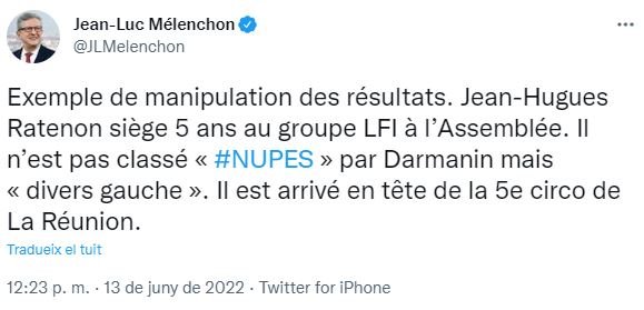 TUIT Jean Luc Mélenchon sobre manipulación de elecciones de Francia II