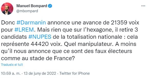 TUIT Nupes sobre manipulación de elecciones de Francia