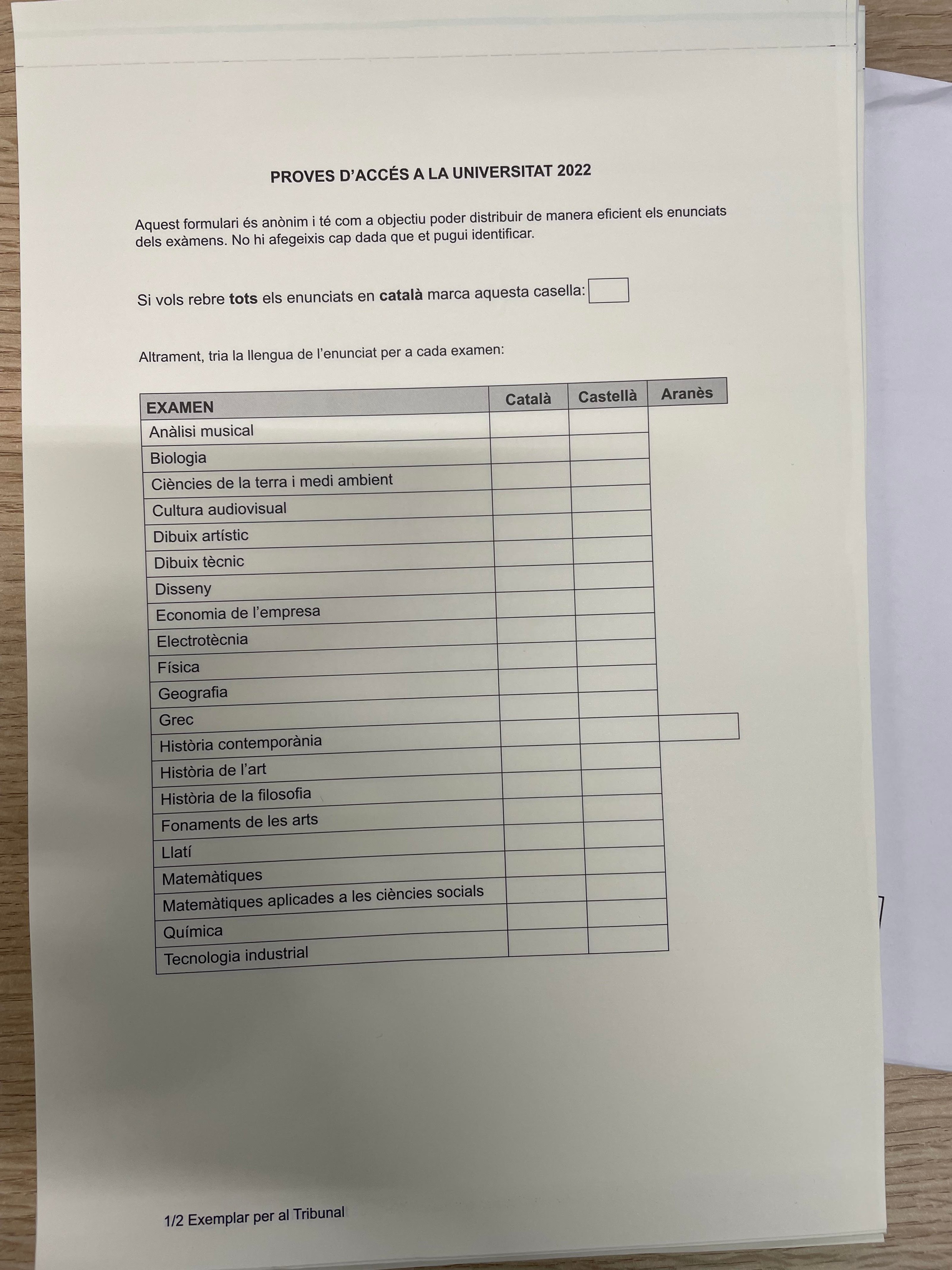Formulario Selectivitat 2022 elegir lengua examen ACN Formulario Selectivitat 2022 elegir lengua examen ACN