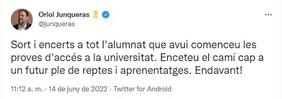 Tuit selectividad 2022 Oriol Junqueras Tuit selectividad 2022 Oriol Junqueras