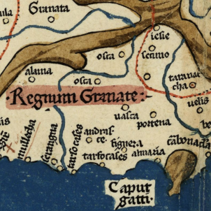 El comte rei Ferran el Catòlic pren possessió de Marbella. Mapa parcial de la península ibèrica (1482). Font Cartoteca de Catalunya