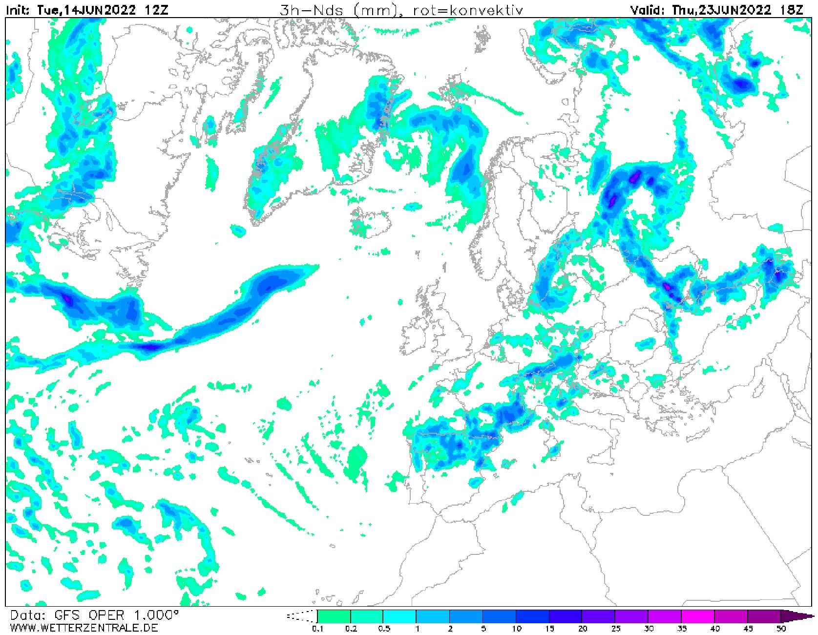¿Lloverá por|para la Verbena de Sant Joan 2022? Mapa :GFS Wetterzentrale.de