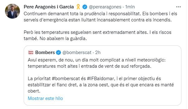 tuit Pere Aragones incendios tuit Pere Aragones incendios