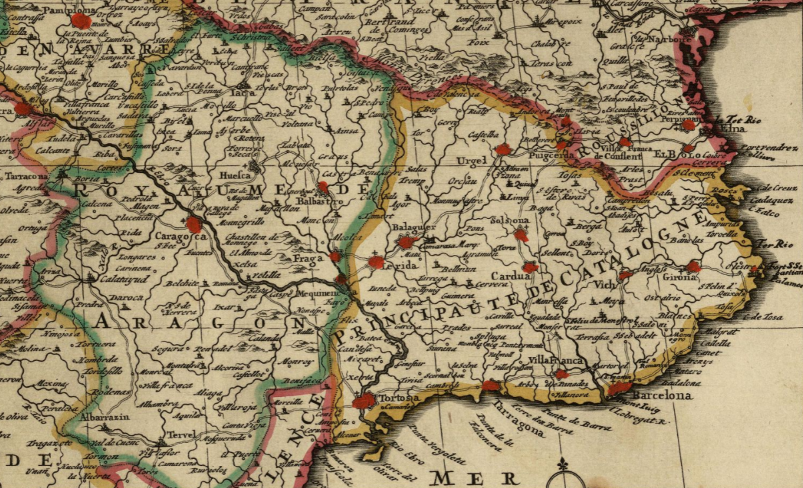 Mapa del curs de l'Ebre (1705). Font Cartoteca de Catalunya