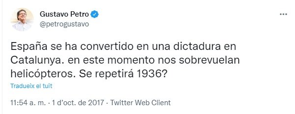 TUIT Gustavo Petro 1 oct dictadura franquista TUIT Gustavo Petro 1 oct dictadura franquista