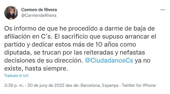 TUIT carmen rivera abandona Ciutadans