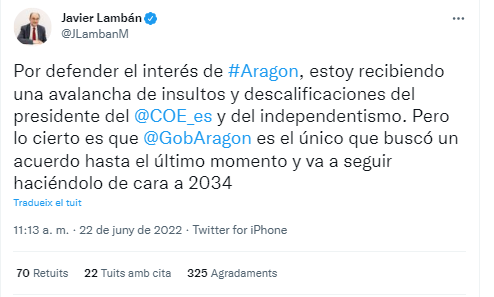 Tuit de Javier Lambán Tuit de Javier Lambán