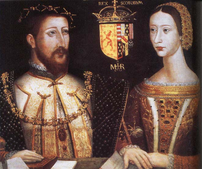 Representación de Jaime V y Maria de Guisa. En el cuartel|barrio|cuarto derecho superior del escudo aparecen las barras catalanas. Fuente Wikimedia Commons