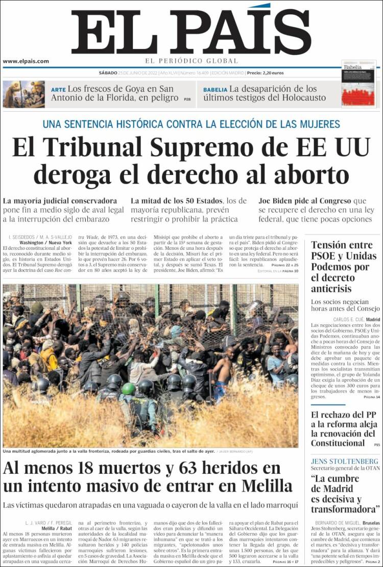 portada El País 25 junio 2022