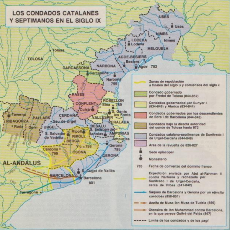 Mapa de la Marca carolingia de Gotia durante la etapa de surgimiento del catalán. Font Enciclopedia