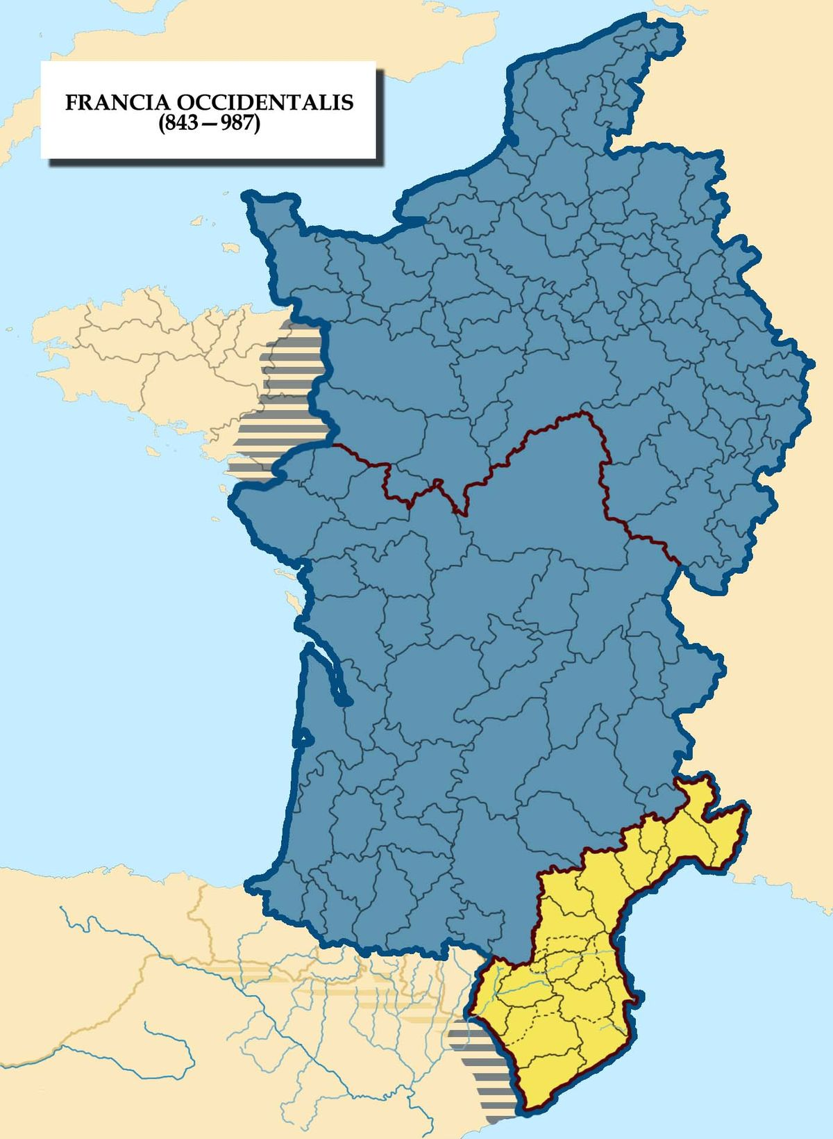 Situación de la Marca de Gòtia dentro del reino de Francia (siglo IX). Fuente Archivo ElNacional