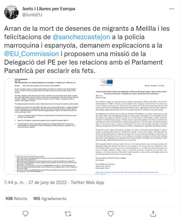 tuit junts per europa petició resposta comissió europea per fets melilla