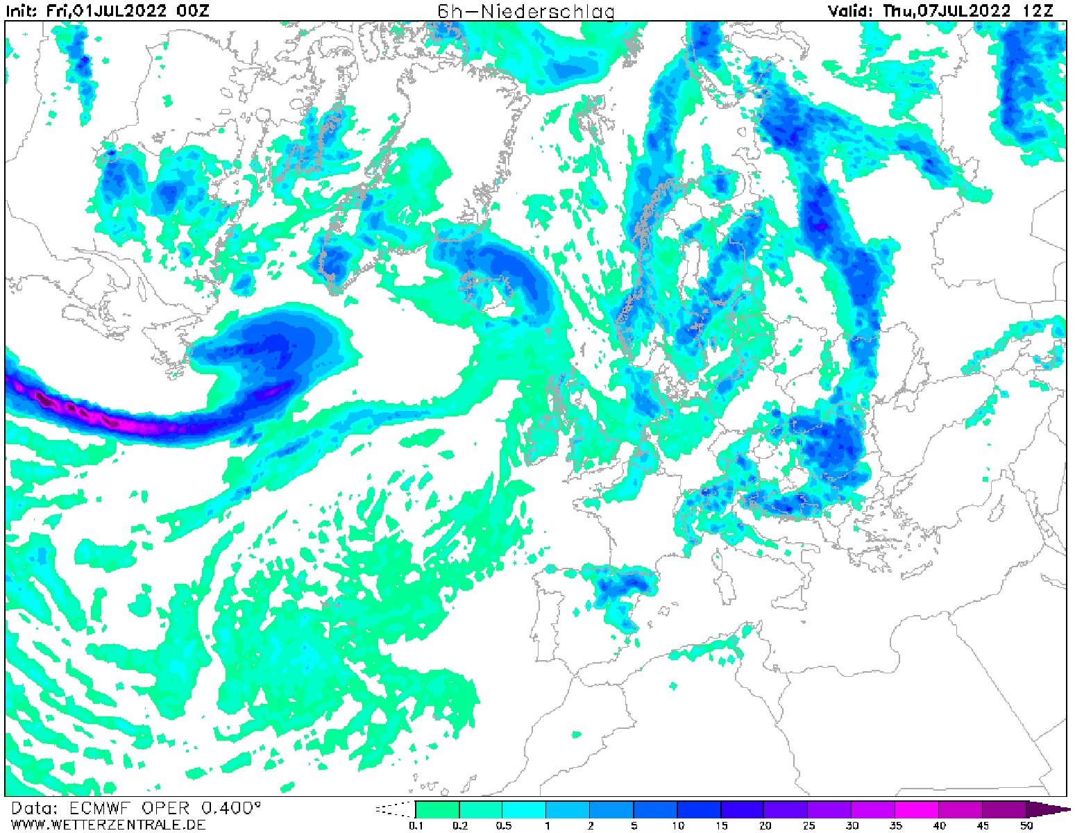 Mapa de tormentas en Catalunya previsto para el 7 de julio del 2022 / Mapa: ECMWF Wetterzentrale