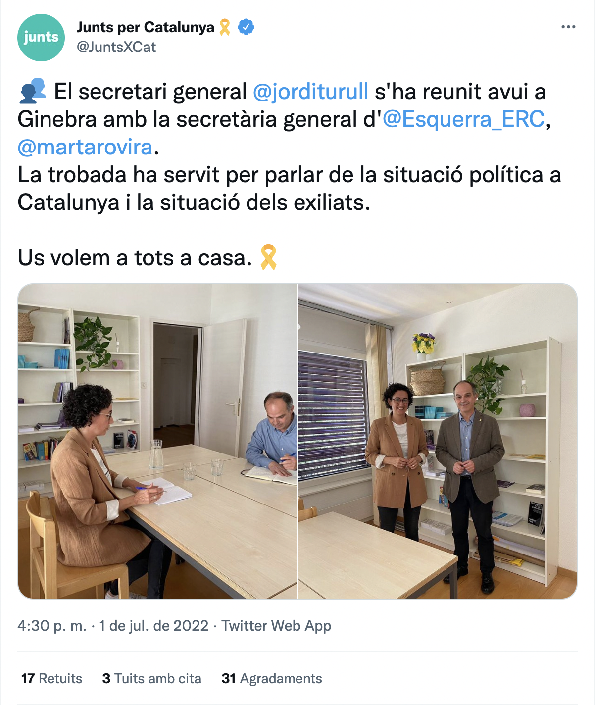 Tuit Jordi Turull reunión Marta Rovira
