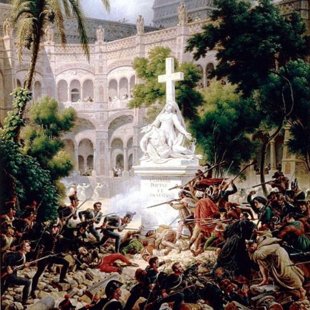 Representación contemporánea del Asedio de Zaragoza (1830), obra de Louis-François Lejuene. Fuente Wikimedia Commons.