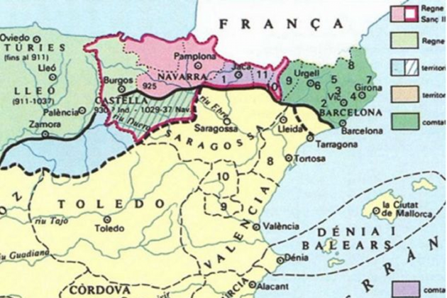 Mapa dels estats peninsulars cap a l'any 1000. Font Enciclopedia