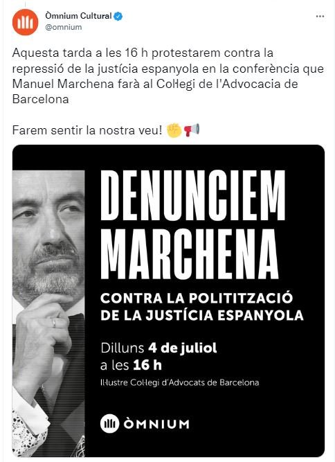 Tuit Òmnium Cultura contra visita jueza Marchena al Colegio de la Abogacía