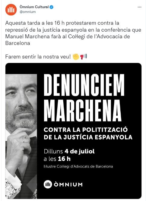 Tuit Òmnium Cultura contra visita jutge Marchena al Col·legi de l'Advocacia Tuit Òmnium Cultura contra visita jutge Marchena al Col·legi de l'Advocacia