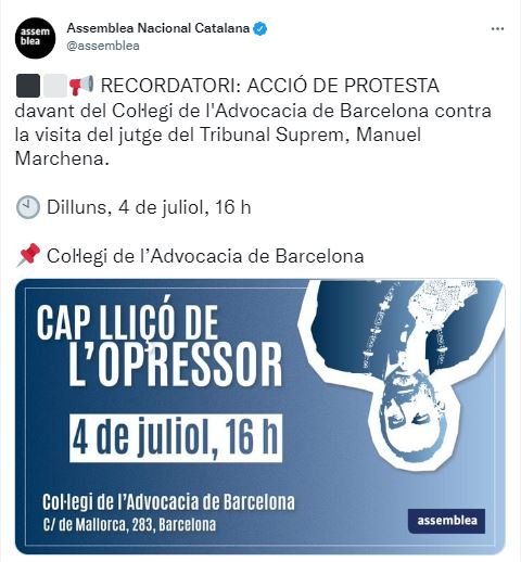 Tuit ANC contra visita jueza Marchena al Colegio de la Abogacía de Barcelona
