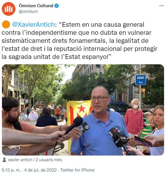 TUIT del president d'Òmnium Cultural, Xavier Antich, sobre la protesta al Col·legi de l'Advocacia per la visita del jutge Manuel Marchena II TUIT del president d'Òmnium Cultural, Xavier Antich, sobre la protesta al Col·legi de l'Advocacia per la visita del jutge Manuel Marchena II