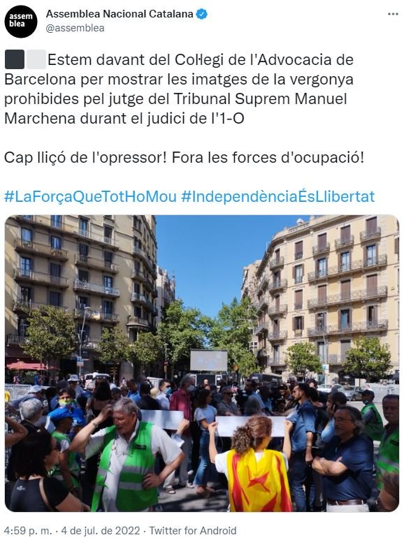TUIT de l'ANC sobre la protesta al Col·legi de l'Advocacia per la visita del jutge Manuel Marchena TUIT de l'ANC sobre la protesta al Col·legi de l'Advocacia per la visita del jutge Manuel Marchena