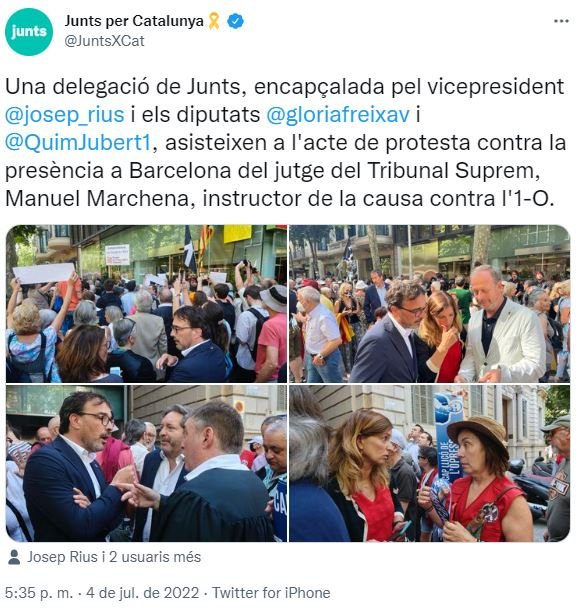 TUIT de Junts sobre la protesta al Col·legi de l'Advocacia per la visita del jutge Manuel Marchena TUIT de Junts sobre la protesta al Col·legi de l'Advocacia per la visita del jutge Manuel Marchena