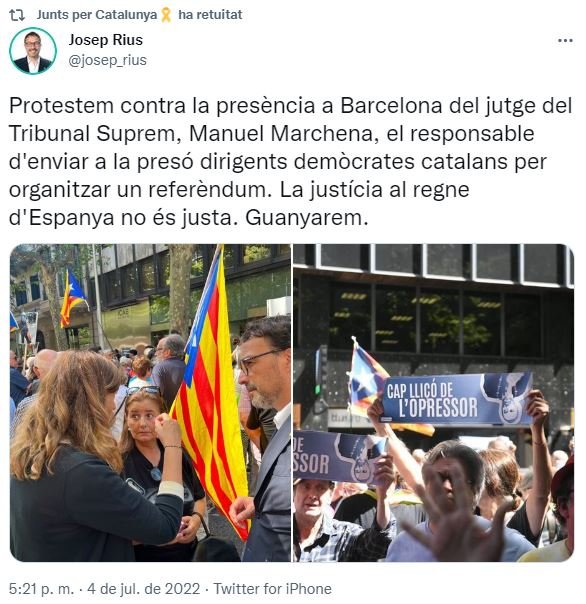 TUIT del diputado de Junts Josep Rius sobre la protesta al Col·legi de l'Advocacia per la visita del jutge Manuel Marchena TUIT del diputado de Junts Josep Rius sobre la protesta al Col·legi de l'Advocacia per la visita del jutge Manuel Marchena