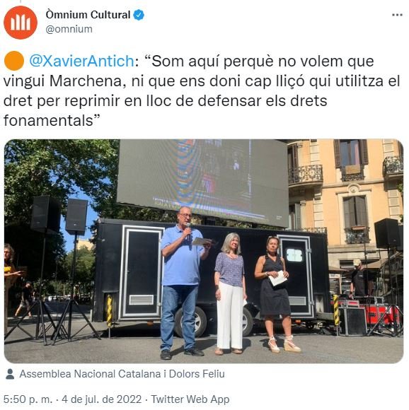 TUIT El president d'Òmnium Cultural, Xavier Antich, sobre la protesta al Col·legi de l'Advocacia per la visita del jutge Manuel Marchena TUIT El president d'Òmnium Cultural, Xavier Antich, sobre la protesta al Col·legi de l'Advocacia per la visita del jutge Manuel Marchena