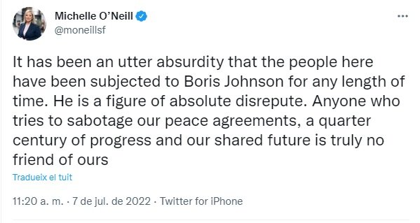 TUIT michelle ONeill dimissió boris johnson TUIT michelle ONeill dimissió boris johnson