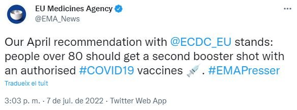 Agencia Europea de Medicamentos, sobre la cuarta dosifique de la vacuna contra la covid 19