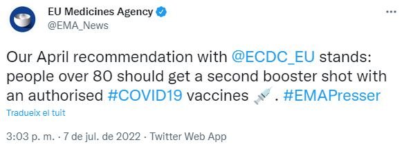 Agencia Europea de Medicamentos, sobre la cuarta dosifique de la vacuna contra la covid 19 Agencia Europea de Medicamentos, sobre la cuarta dosifique de la vacuna contra la covid 19