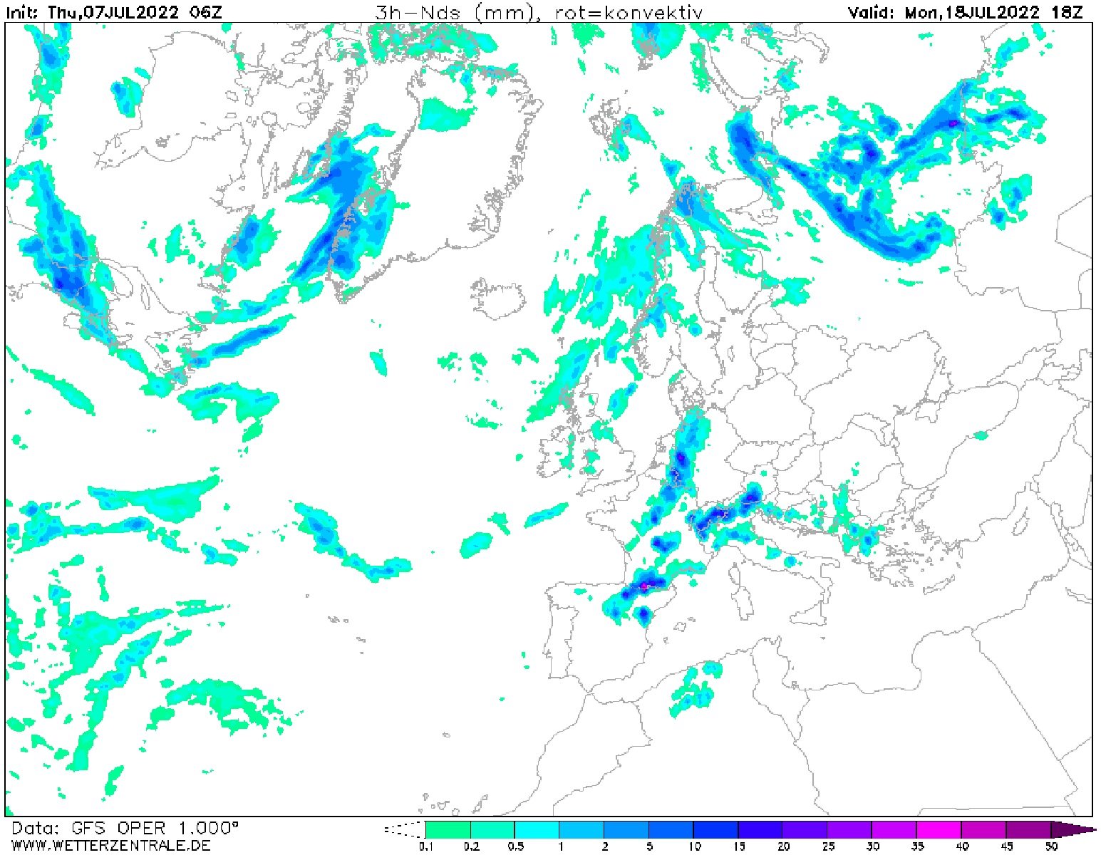 Mapa precipitación previsto 18 julio 2022 / Mapa: GFS Wetterzentrale Mapa precipitación previsto 18 julio 2022 / Mapa: GFS Wetterzentrale