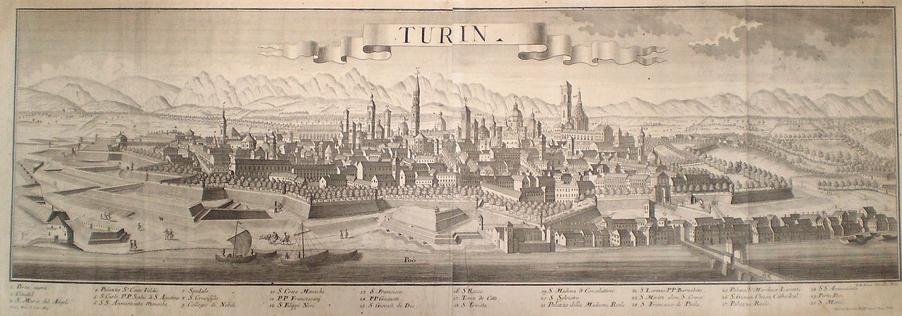 Vista de Turín (principios del siglo XVIII). Fuente Wikimedia Commons