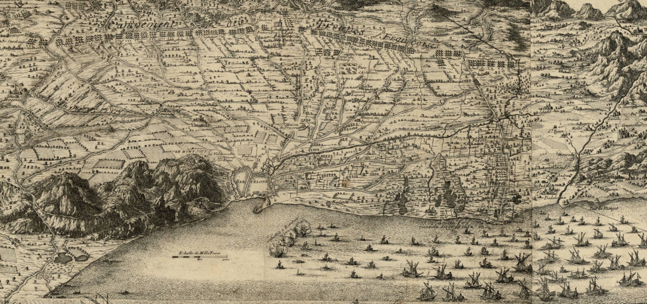 Dibujo de la línea de la costa y del plan|plano de Barcelona (1698). Fuente Cartoteca de Catalunya