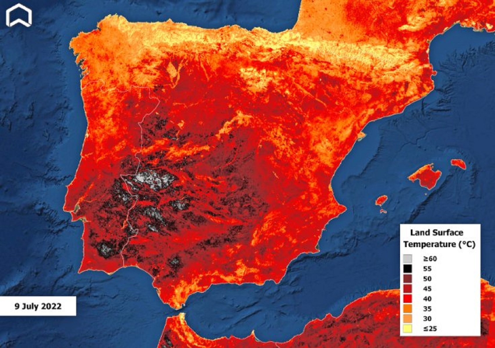 Temperatura del terra onada de calor juliol 2022 / Copernicus Sentinel Fundación Aquae