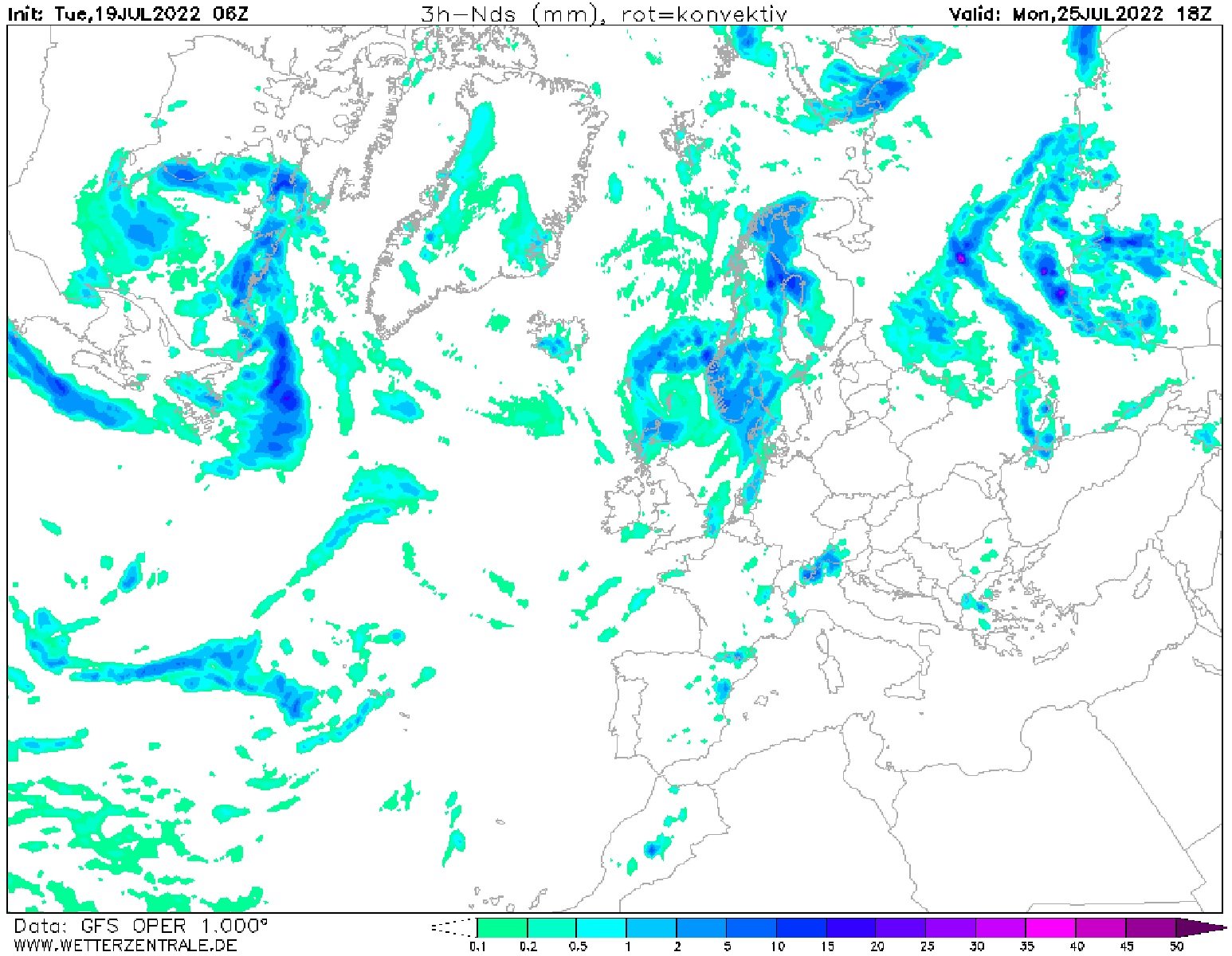 Mapa previsto precipitación Catalunya 25 julio 2022 / GFS Wetterzentrale