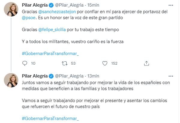 Tuit Pilar Alegria portaveu PSOE