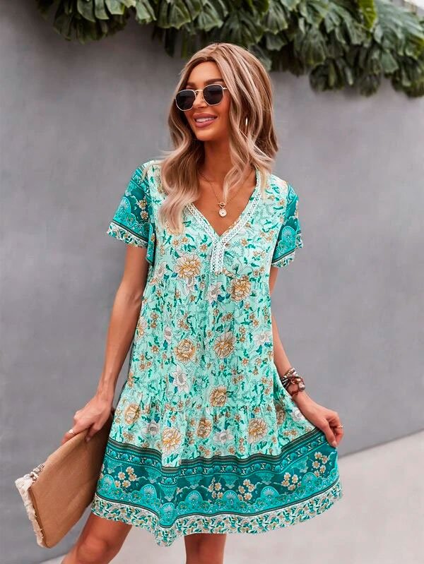 Vestit smock amb encaix|punta en contrast floral1 Vestit smock amb encaix|punta en contrast floral1