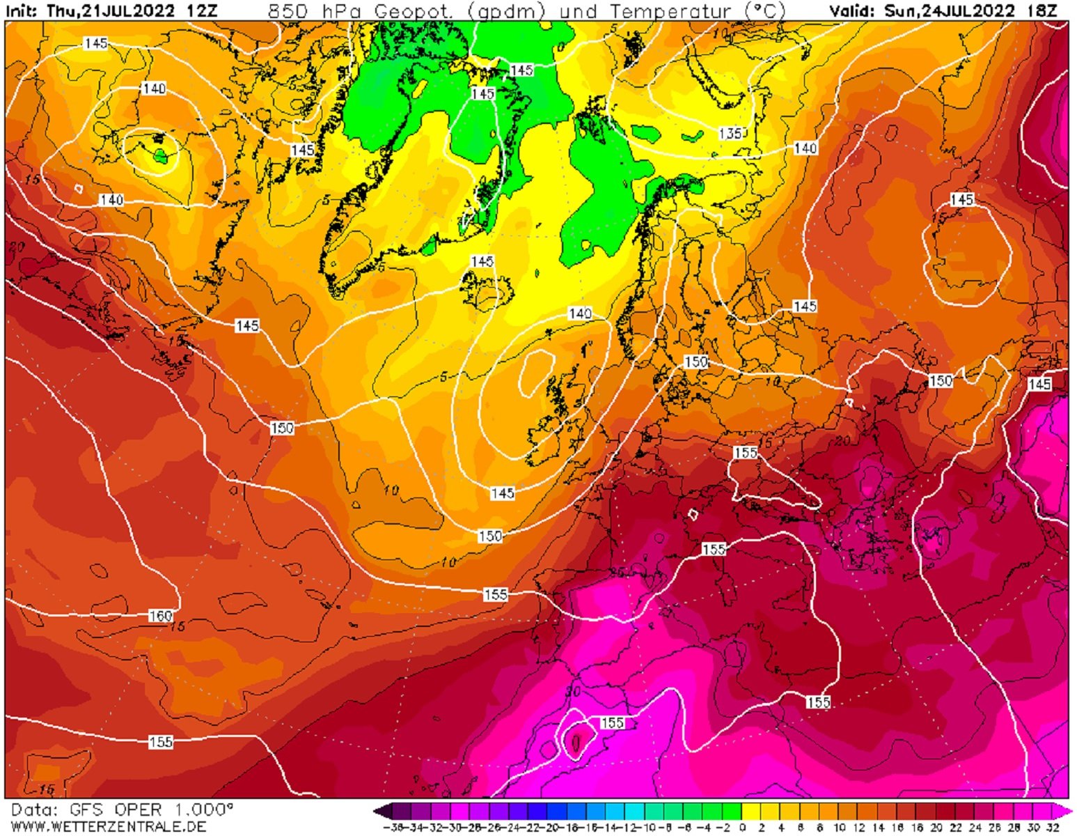 Forta onada de calor Catalunya diumenge, 24 de juliol / GFS Wetterzentrale